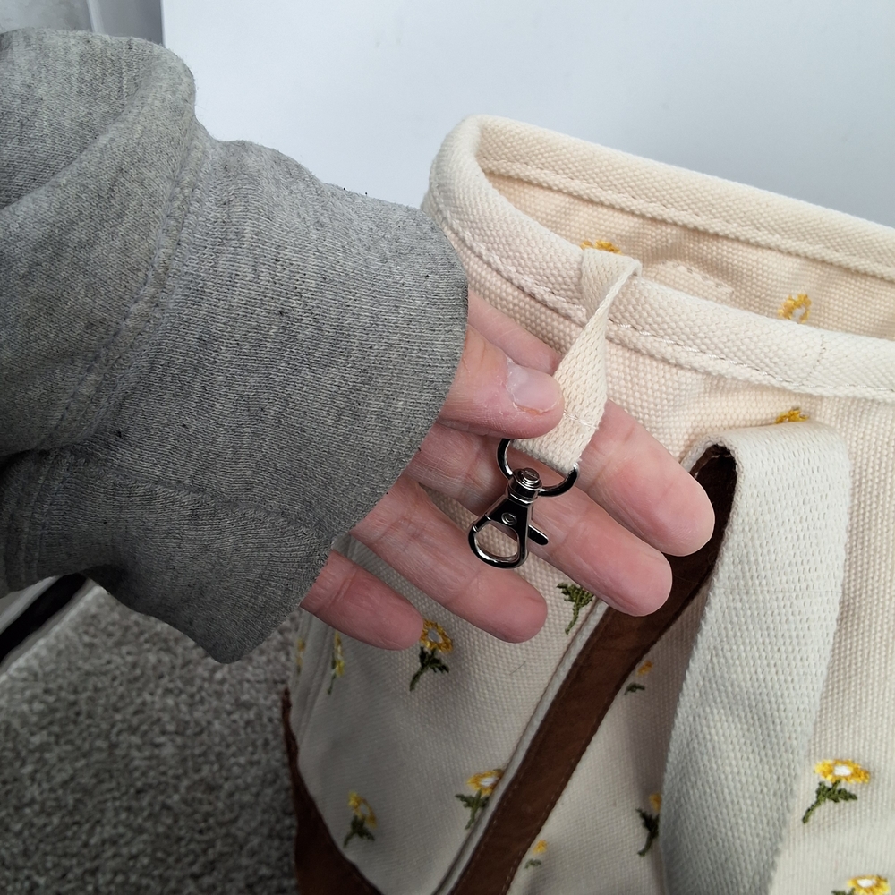 Lands' End Cream Canvas Tote with Yellow Flower Embroidery and Brown Trim - Picture 8 of 8